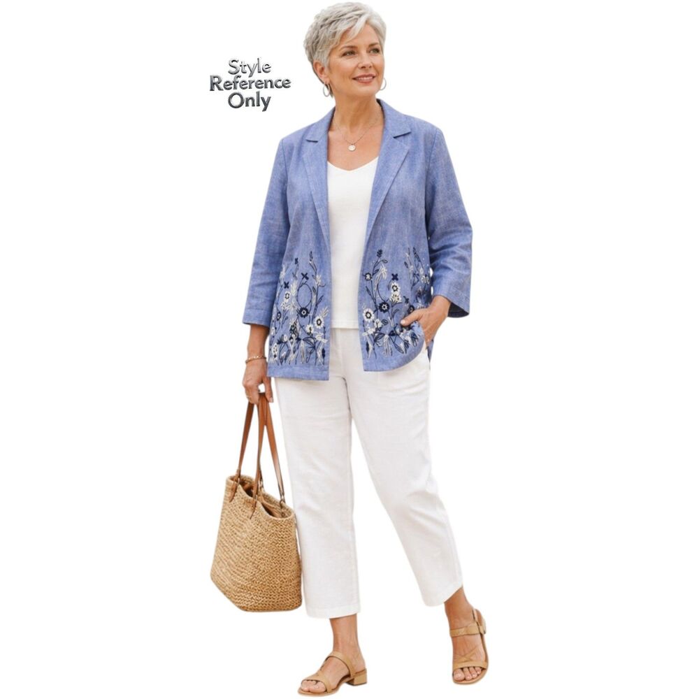 Coldwater Creek European Flax Linen Embroidered Jacket Blue Floral Size 1X NWT